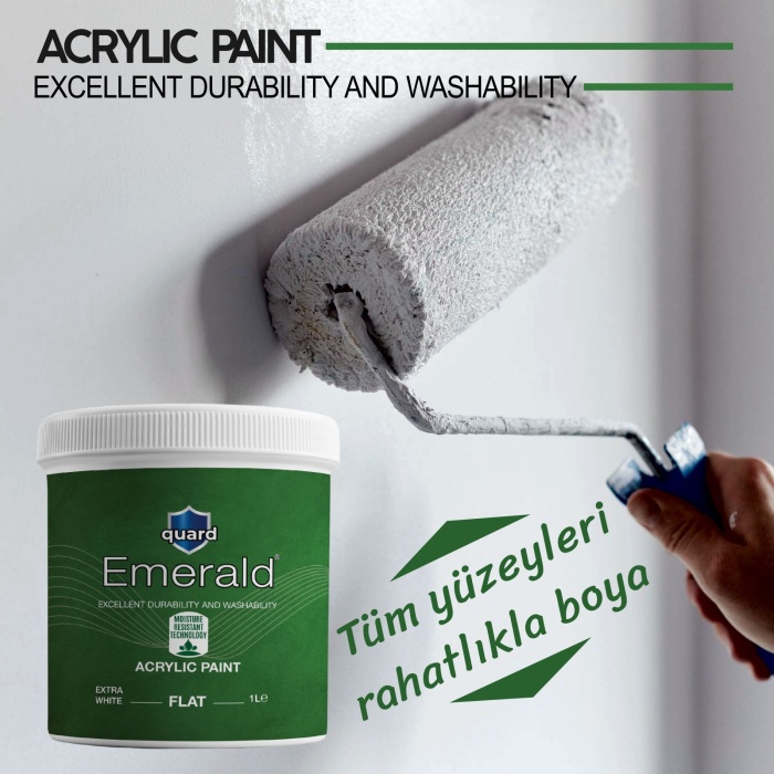 QUARD EMERALD-Saf Akrilik Her yüzeye kolaylıkla uygulanabilen dönüşüm boyası Beyaz 0.5LT-Rulo Hediye