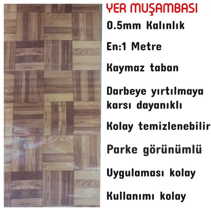 Yer Zemin Kaplaması Muşamba 0.6mm Kare Parke Desen-1 Metre-Darbeye yırtılmaya dayanıklı-Kaymaz taban