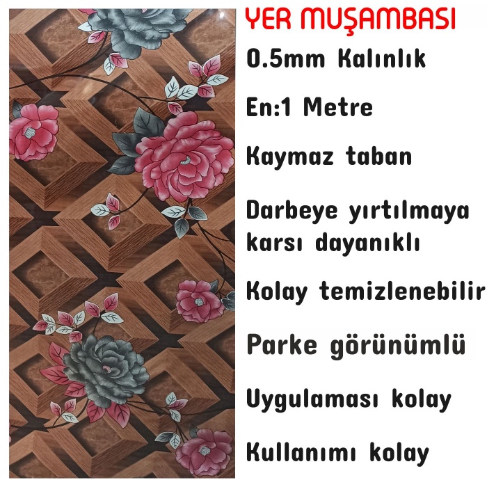 Yer Zemin Kaplaması Muşamba 0.6mm Çiçek Parke Desen-3 Metre-Yırtılmaya dayanıklı-Kaymaz pvc taban