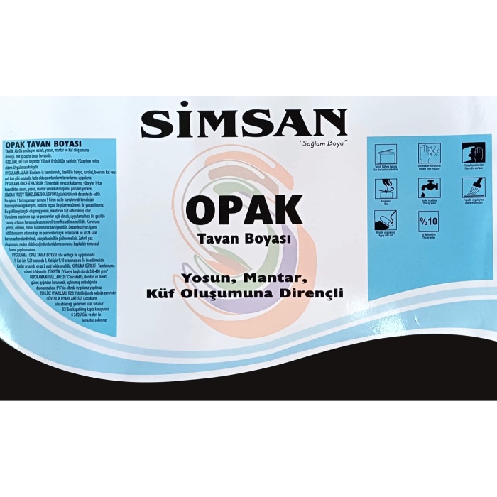 SİMSAN Opak Küf-Mantar-Yosun oluşumuna dirençli tavan boyası beyaz 3.5kg-Son kat-Banyo Tavanlarına