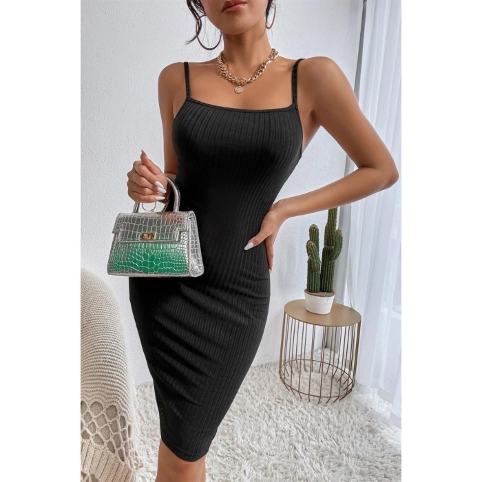  Siyah İp Askılı Midi Boy Elbise BN6577S