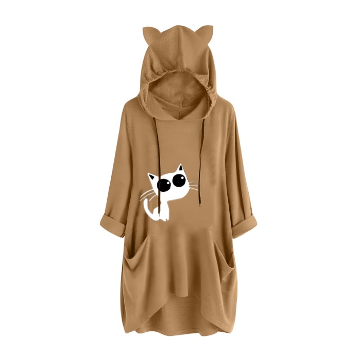 Kadın Kedi Baskılı Kapşonlu Sweat Tunik