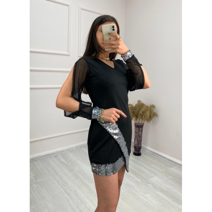 Kadın Asimetrik Kesim Pul Payet Janes Krep Kumaş Elbise
