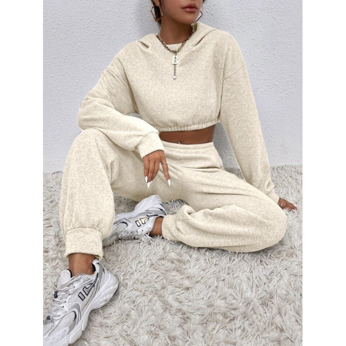 Kadın Beli Lastikli üst Uzun Kollu Crop Alt Pijama Ikili Takım