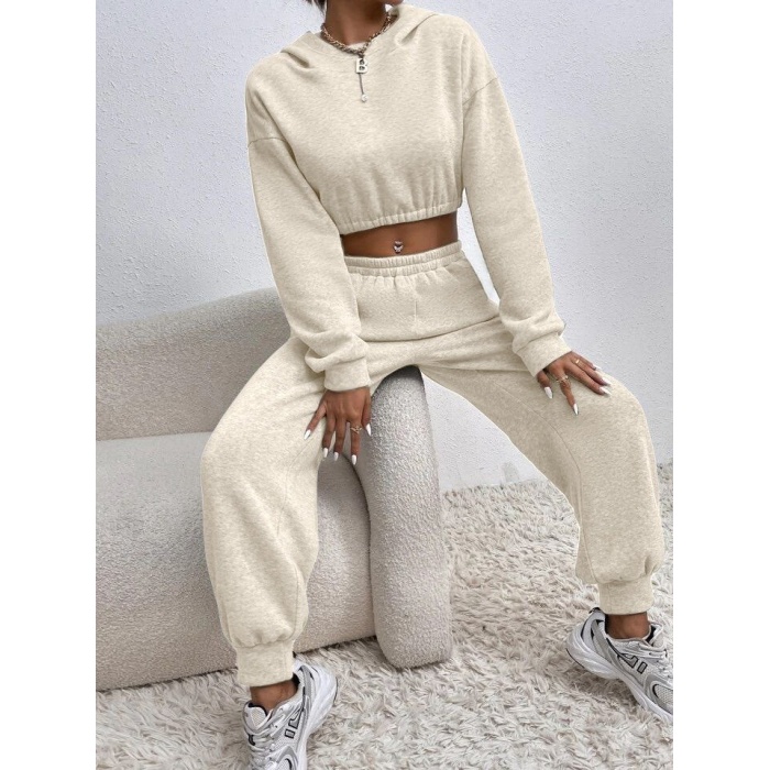 Kadın Beli Lastikli üst Uzun Kollu Crop Alt Pijama Ikili Takım