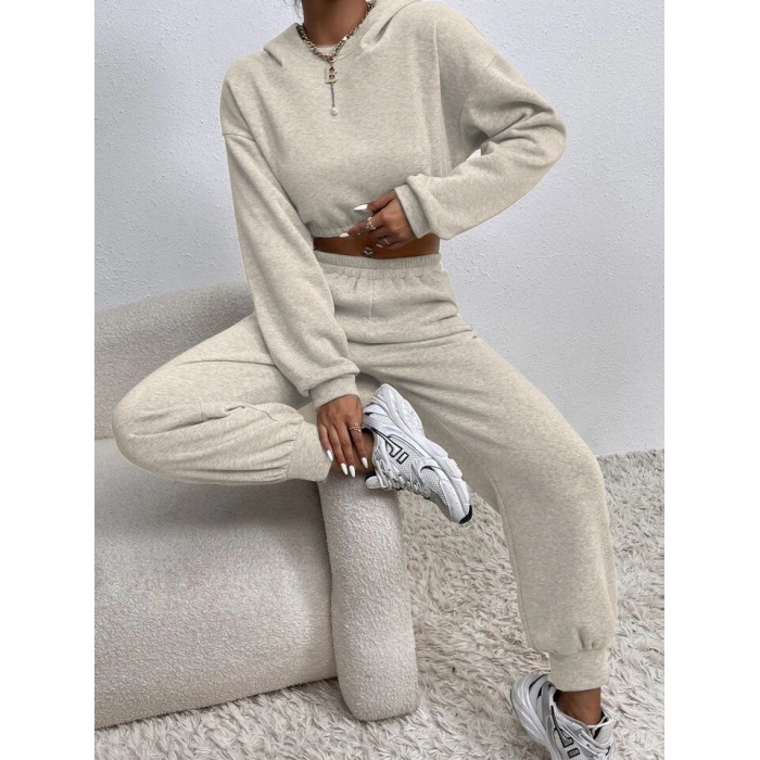 Kadın Beli Lastikli üst Uzun Kollu Crop Alt Pijama Ikili Takım
