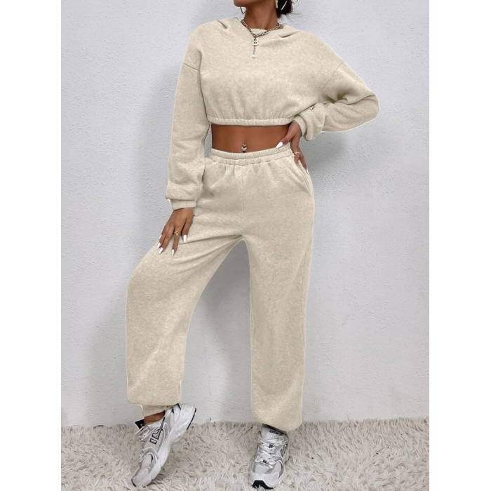 Kadın Beli Lastikli üst Uzun Kollu Crop Alt Pijama Ikili Takım