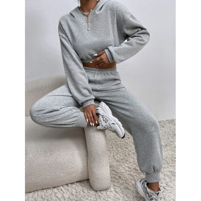 Kadın Beli Lastikli üst Uzun Kollu Crop Alt Pijama Ikili Takım