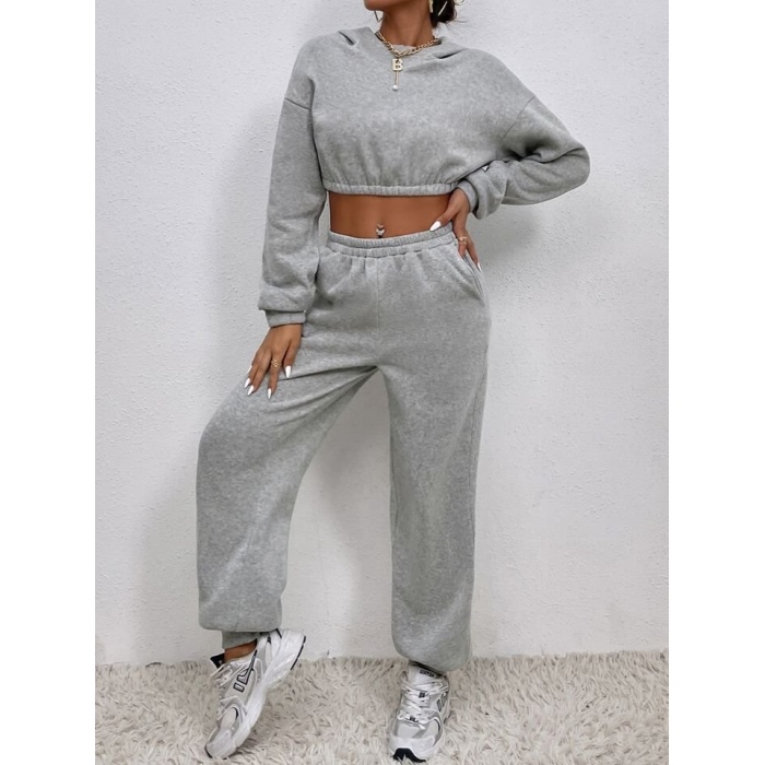 Kadın Beli Lastikli üst Uzun Kollu Crop Alt Pijama Ikili Takım