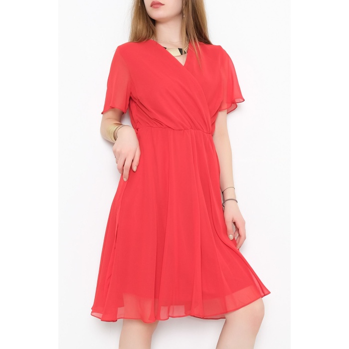 Kruvaze Yaka Şifon Elbise Kırmızı - 5050.1322.