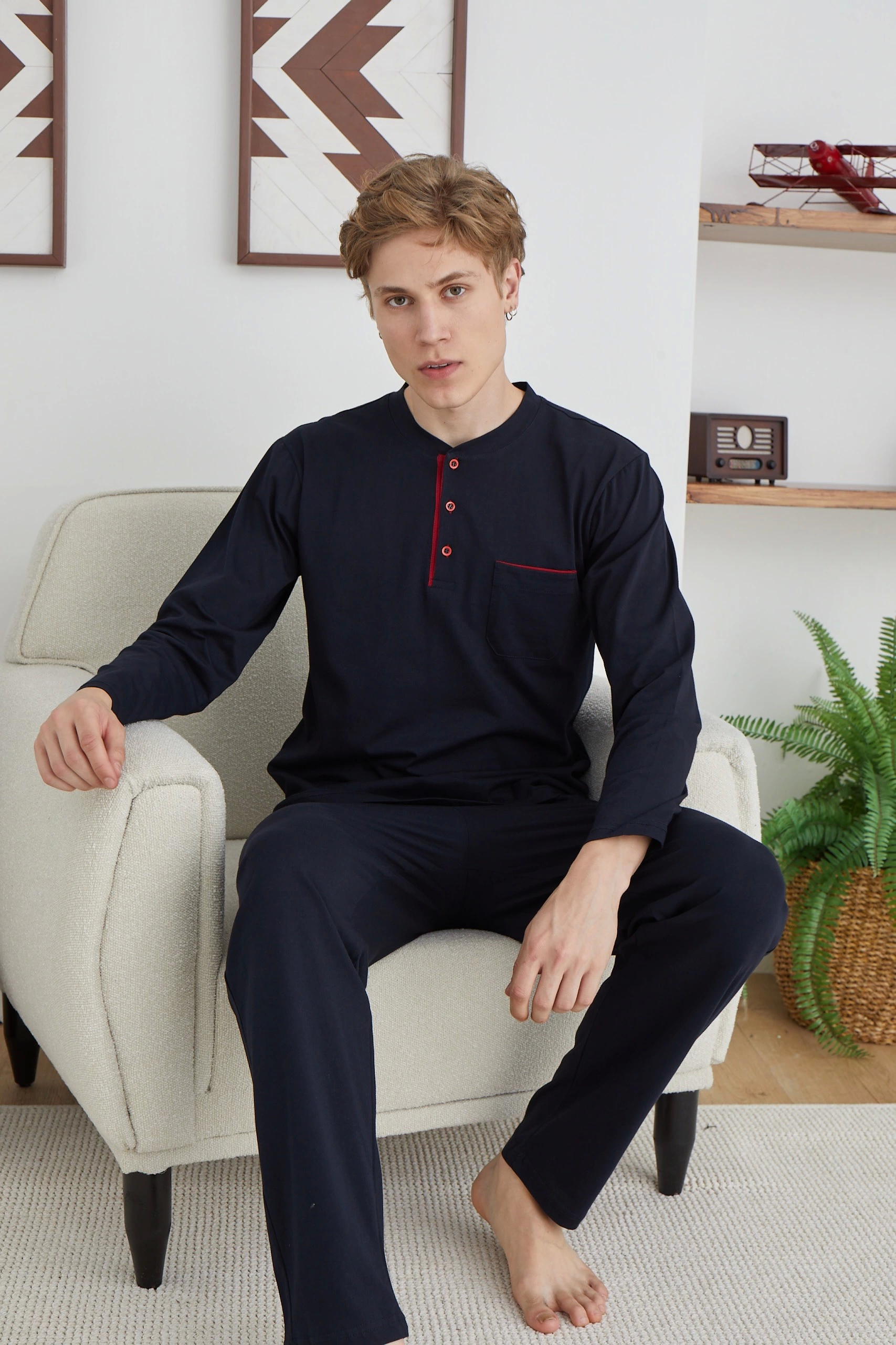 Erkek 9111 Battal Erkek Midi Yaka Pijama Takımı görsel 1