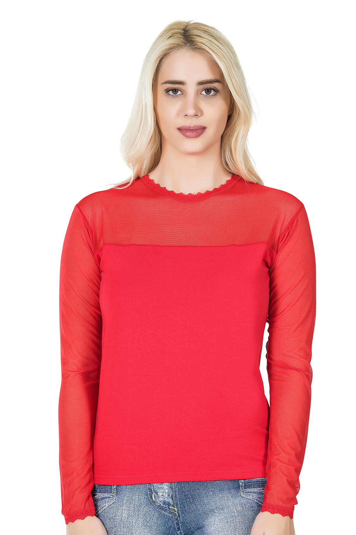 Uzun Kol Transparan Yaka Kadın Tişört 293 görsel 1