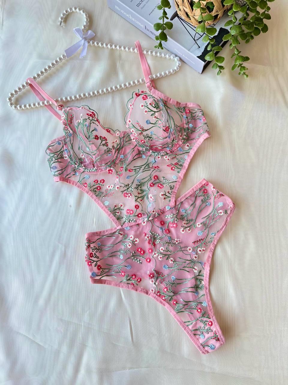 Çiçek Dal Desenli Pembe Bodysuit