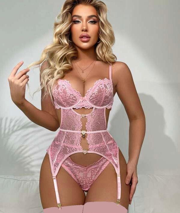 Kalp Aksesuarlı Dantelli Fantezi Pembe Jartiyer Takım görsel 1