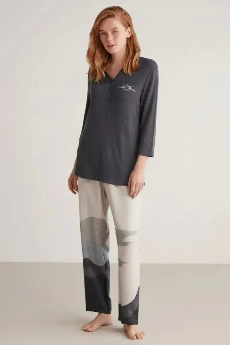 Nautıca W604 Kadın Patlı V Yaka Uzun Kollu Pijama Takımı görsel 1