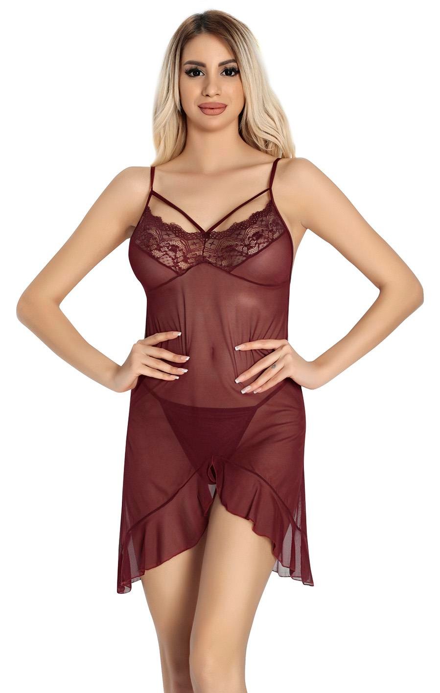 Bordo Dantel İşlemeli Göğğüs İp Detaylı Fantezi Tül Gecelik görsel 1