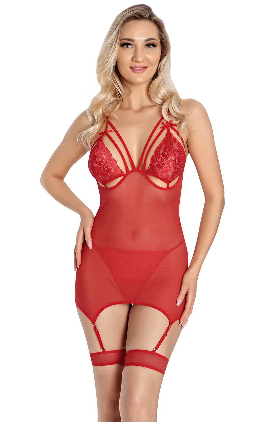 Kırmızı Dantel İşlemeli Göğüs İp Detaylı Fantezi Jartiyer Takımı görsel 1