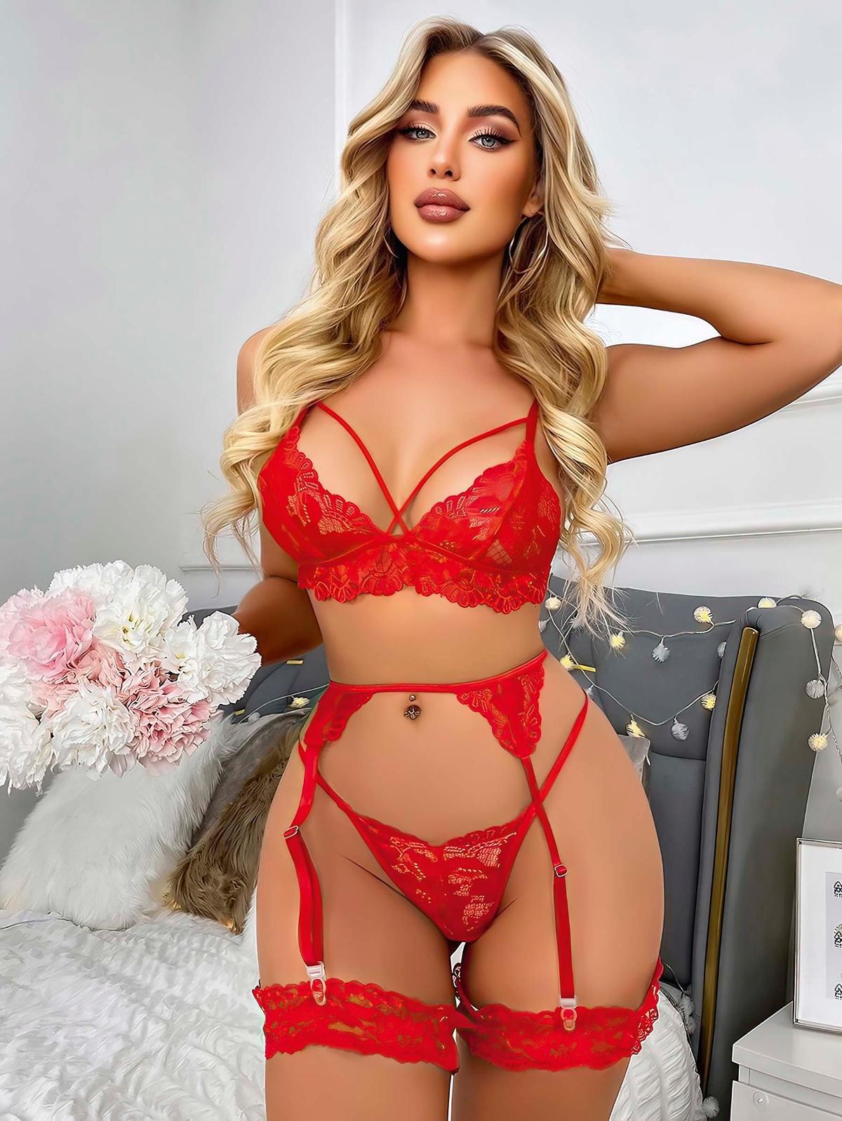 Kırmızı Göğüs İp Detaylı Dantel İşlemeli Fantezi Jartiyer Takımı görsel 1