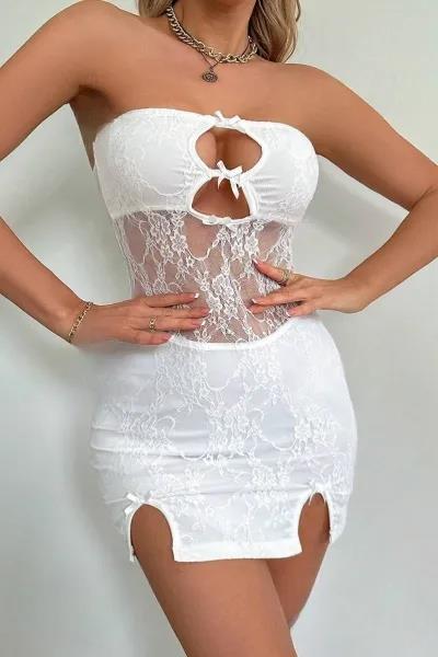 Beyaz Dantel İşlemeli Göğüs Dekolteli Seksi 5081 görsel 1