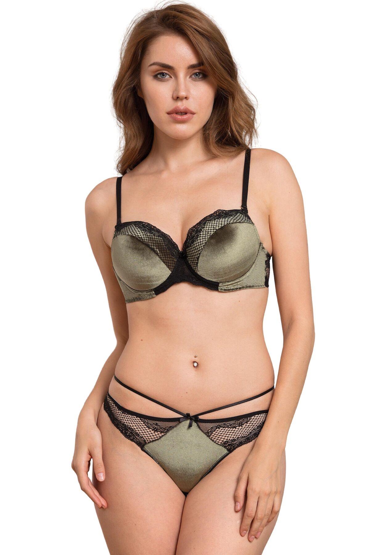 Kadife Balenli Destekli Dolgulu Askıları Çıkabilen Dantelli Sütyen Ve String Takım görsel 1