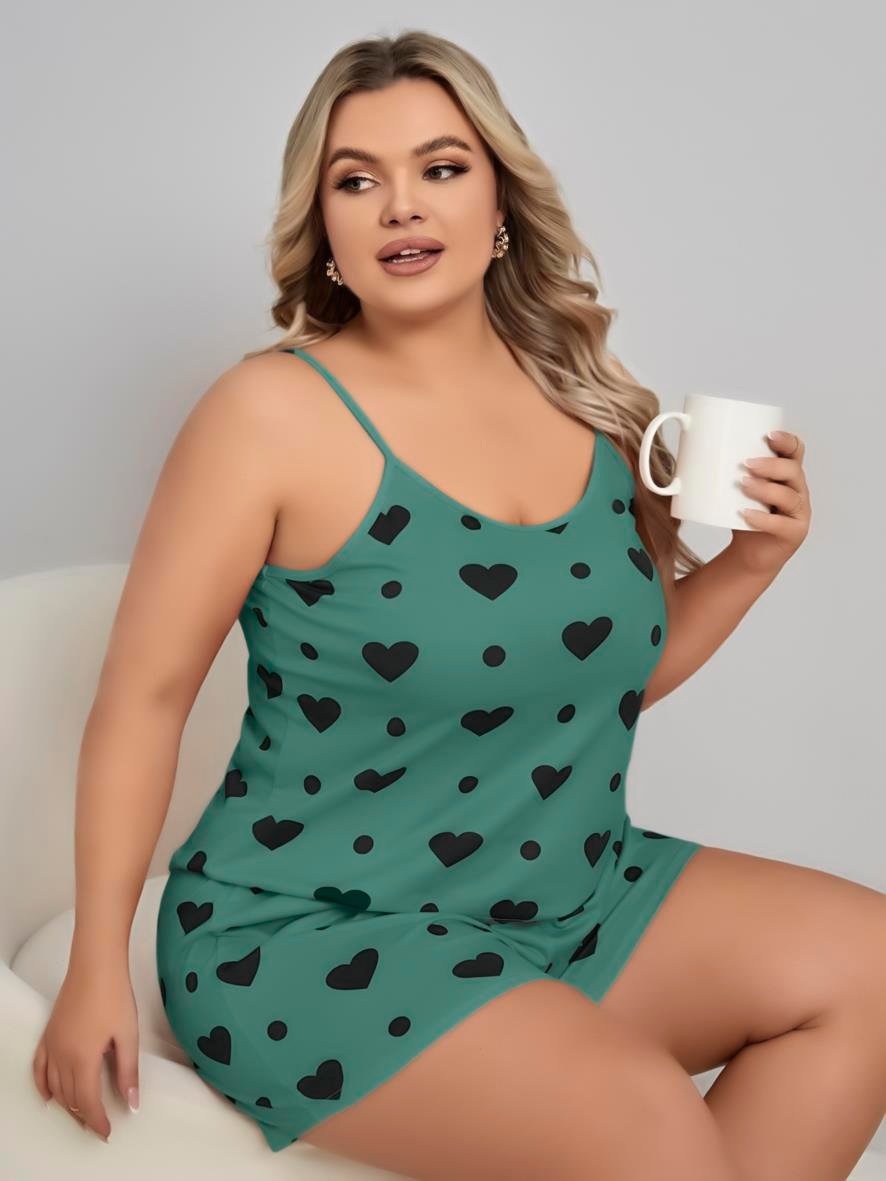 Büyük Beden Yeşil Kalp Desen Pamuklu Şortlu Pijama Takımı görsel 1