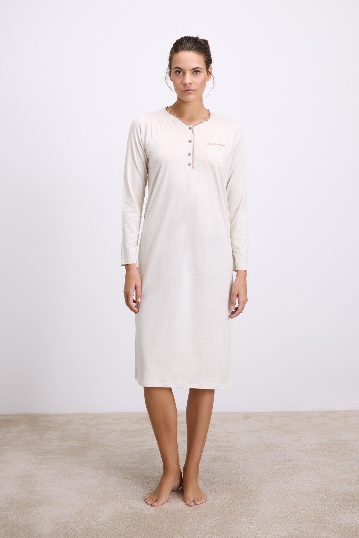 Fil Dişi Modal Uzun Kollu Düğmeli Gecelik görsel 1