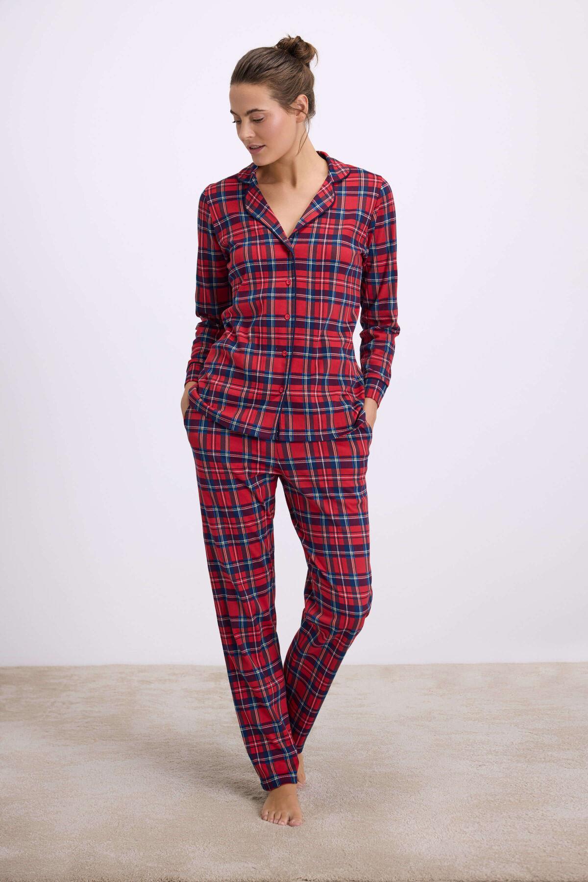 %100 Pamuklu Uzun Kol Düğmeli Gömlek Ve Ekose Pantolon Pijama Takımı görsel 1