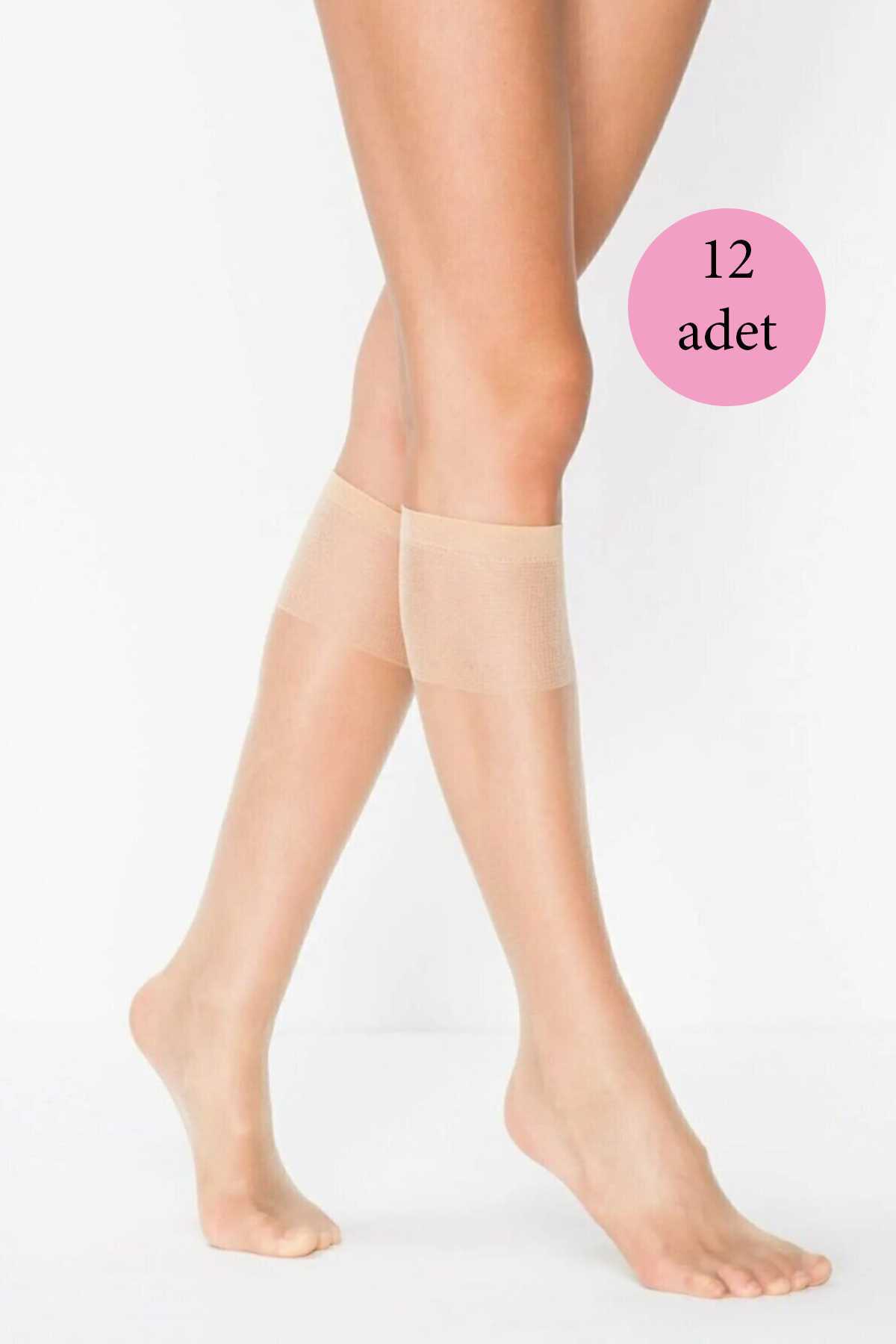 12 Adet Kadın Diz Altı Parlak Fit 15 Denye Çorap Açık Ten görsel 1