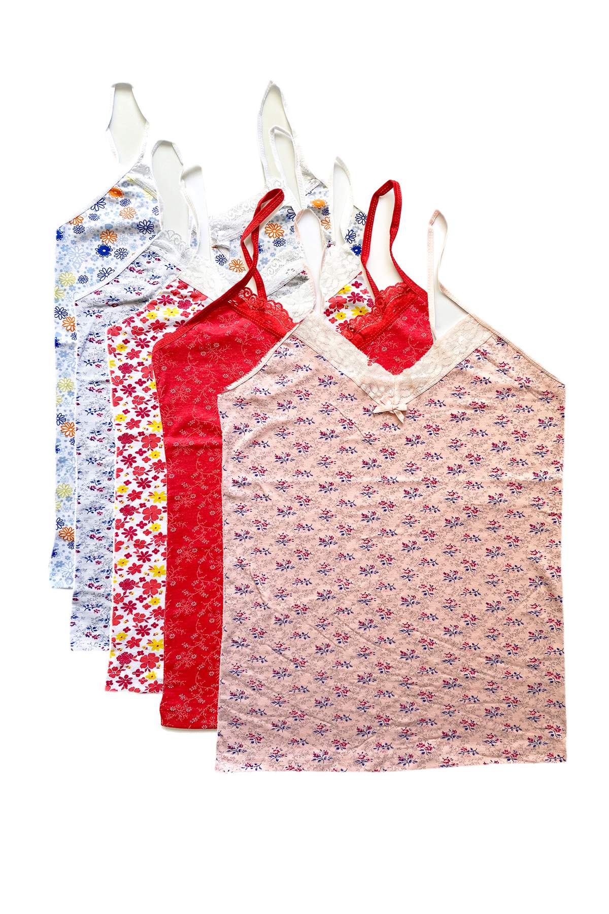 5 Adet Kadın Askılı Desenli Atlet Dantelli Empirme Pamuklu Penye D6-10 görsel 1