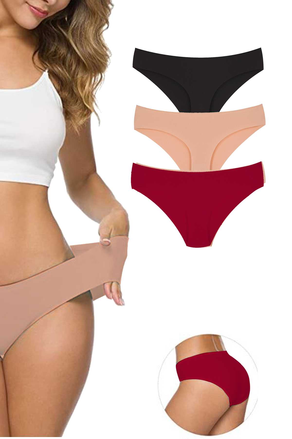 3 Adet Kadın Dikişsiz Lazer Kesim Esnek İz Yapmayan Külot S6 görsel 1