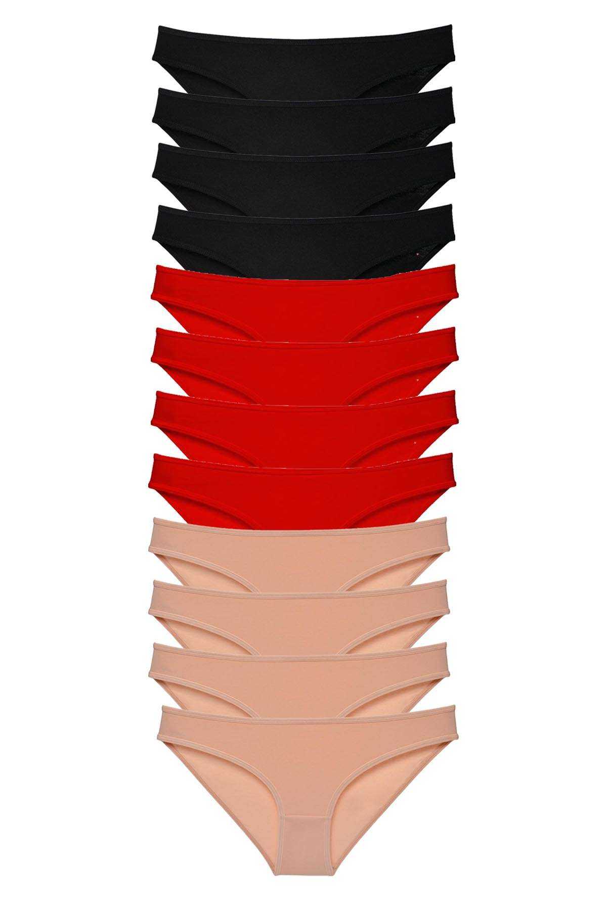 12 Adet Süper Eko Set Likralı Kadın Slip Külot Siyah Kırmızı Ten görsel 1