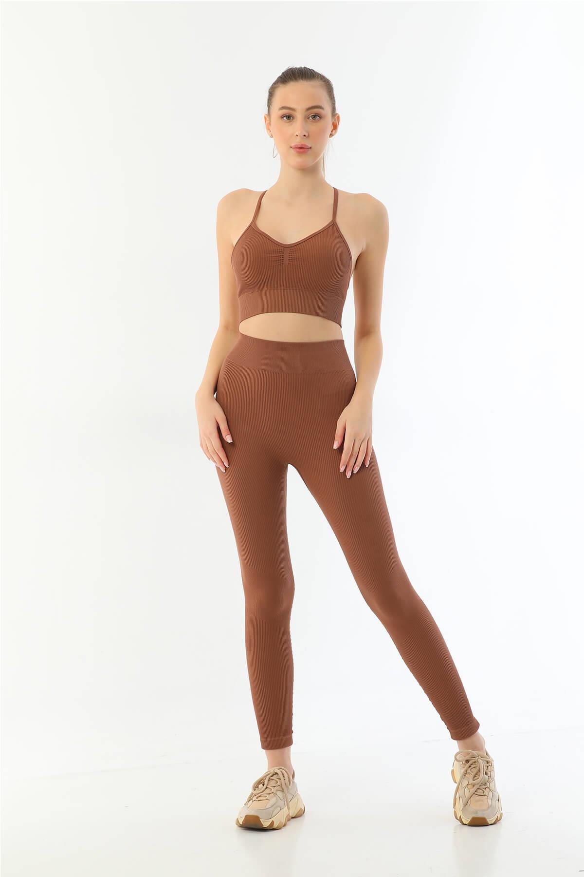 Kahve Mı Emay 3921 Soft Seamless Ripli Tayt Yoga Takımı görsel 1