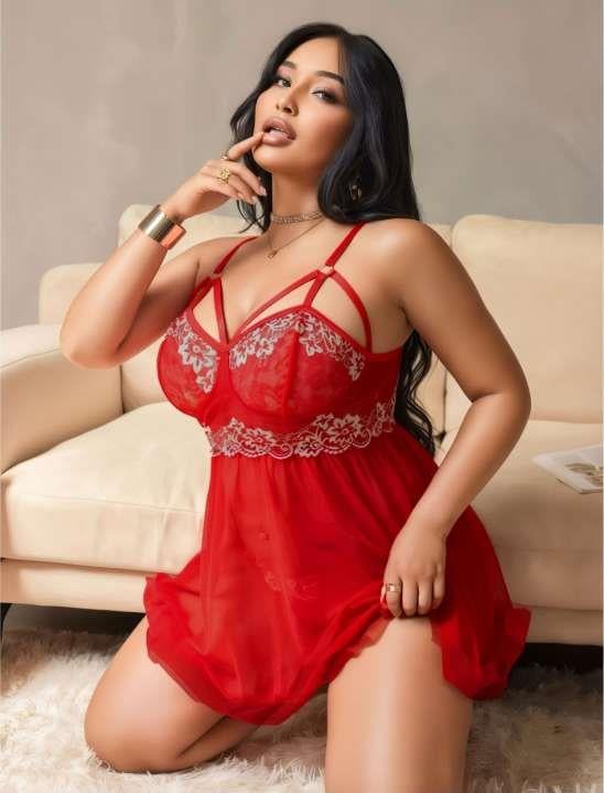 Büyük Beden Kırmızı Dantel İşlemeli Tül Gecelik görsel 1