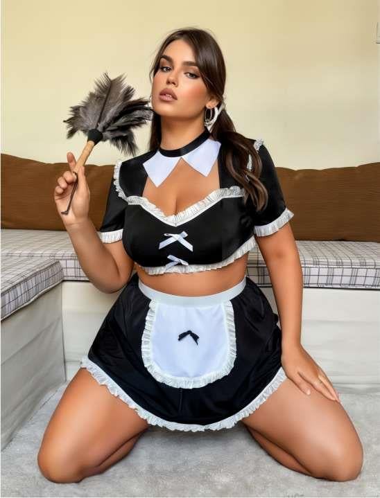 Büyük Beden Mini Etekli Büstiyerli Fantezi Hizmetçi Kostümü görsel 1