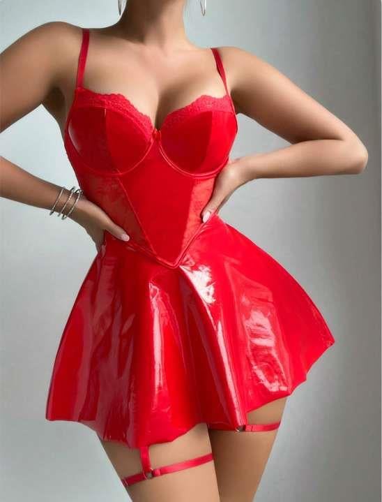 Kırmızı Parlak Deri Şık Bacak Bantlı Fantezi Club Elbise görsel 1