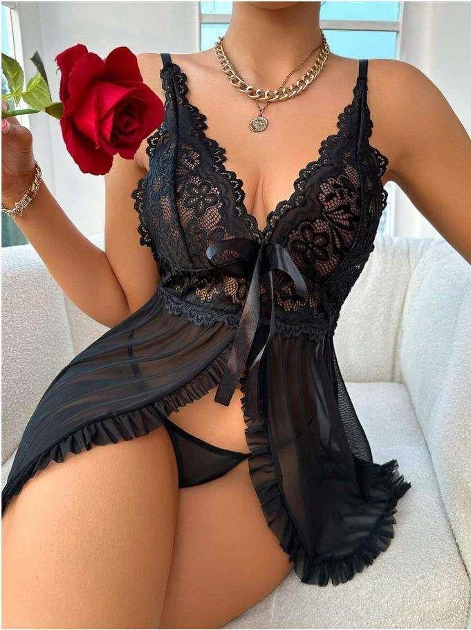 Özel Tasarım Siyah Dantel İşlemeli Yırtmaçlı Kurdelalı Tül Fantezi Şık Gecelik görsel 1