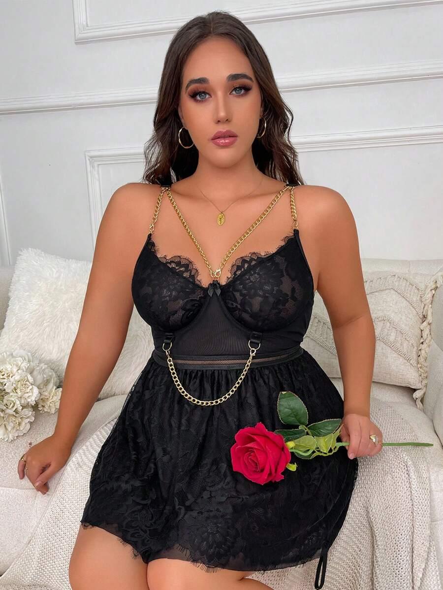 Özel Tasarım Büyük Beden Fantezi Zincir Detaylı Dantelli Gecelik görsel 1