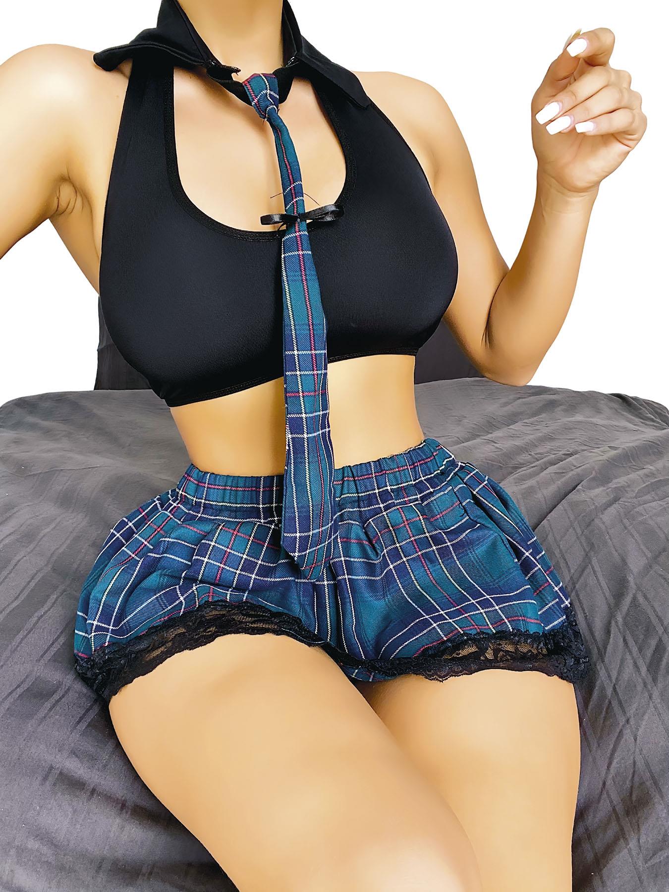 Şık Tasarım Dantel İşlemeli Ekose Etekli Kravatlı Fantezi Liseli Öğrenci Kostümü görsel 1