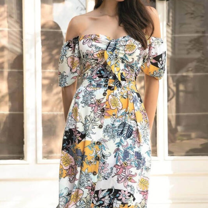 Ekru Floral Desenli Büstiyer Etek Takım 9658