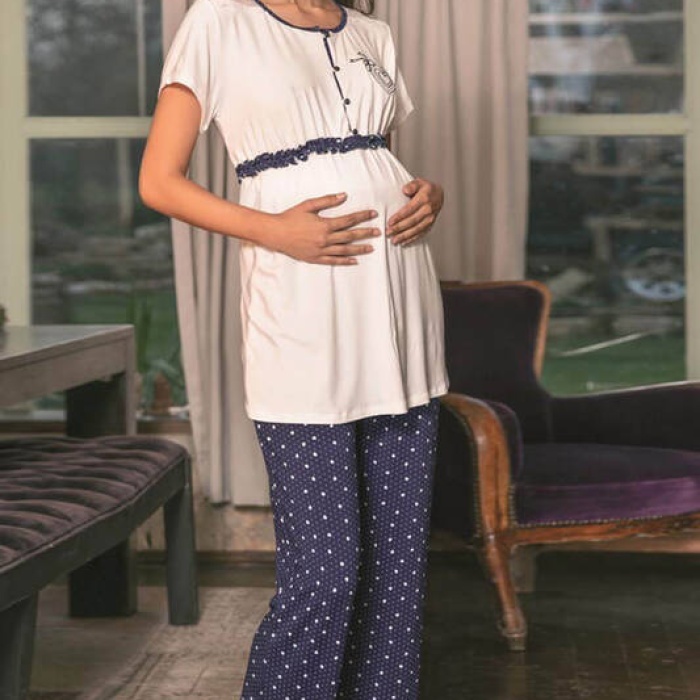 Lacivert Puantiye Desenli Hamile Pijama Takımı 9661