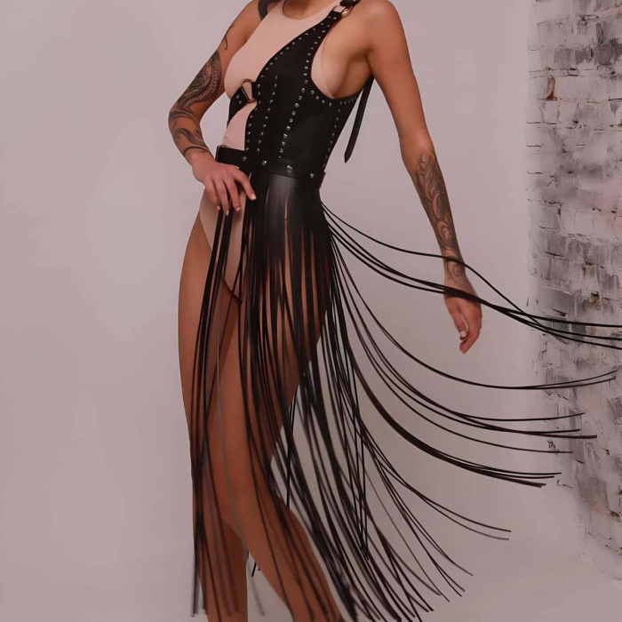 Püsküllü Deri Ceket Harness, Püsküllü Seksi Deri Harness - BRF1014