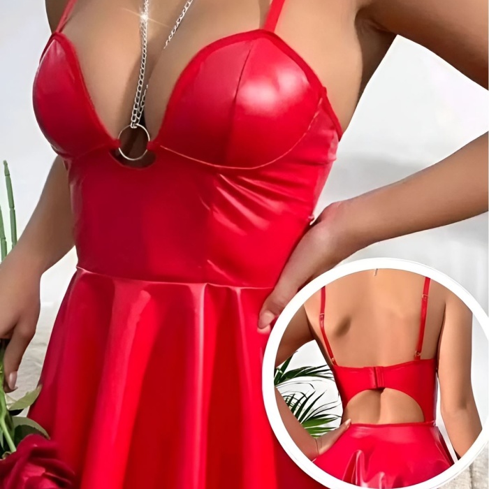 Kadın Seksi Kırmızı Zincir Detaylı Etekli Mini Lame Deri Elbise