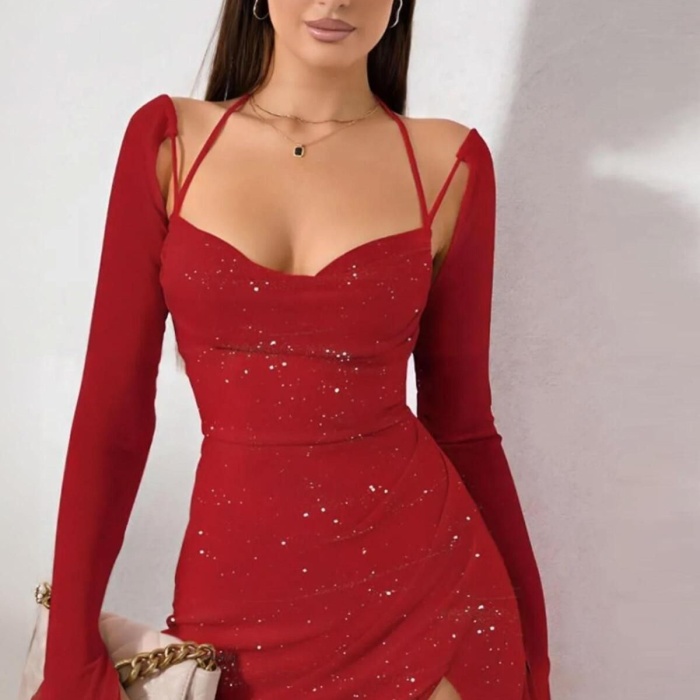 Kadın Kırmızı Simli Sırtı Açık Elbise, Balo Parti Düğün Nişan Seksi Yılbaşı Mini Kısa Elbise