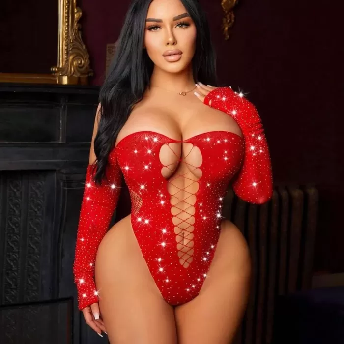 Kırmızı Parıltılı Derin Dekolteli Bodysuit