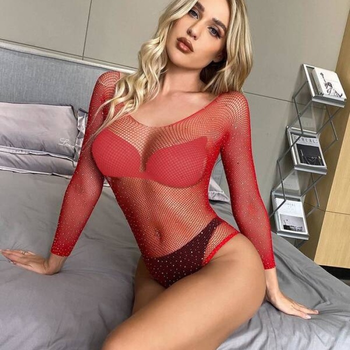 Kırmızı Parıltılı Uzun Kollu File Bodysuit