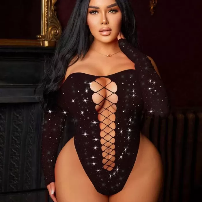 Siyah Parıltılı Off-Shoulder Bodysuit