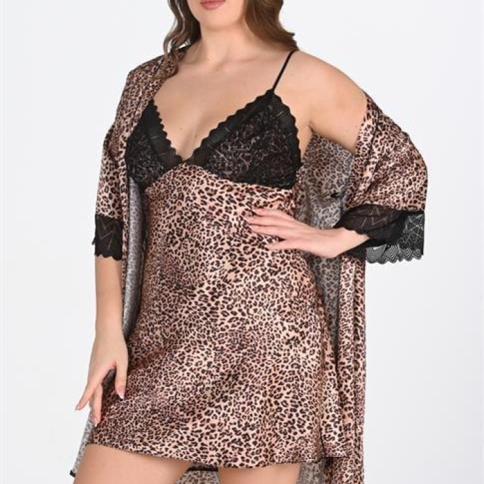 Büyük Beden 2li Leopar Sabahlık Takımı Bigsize 6203