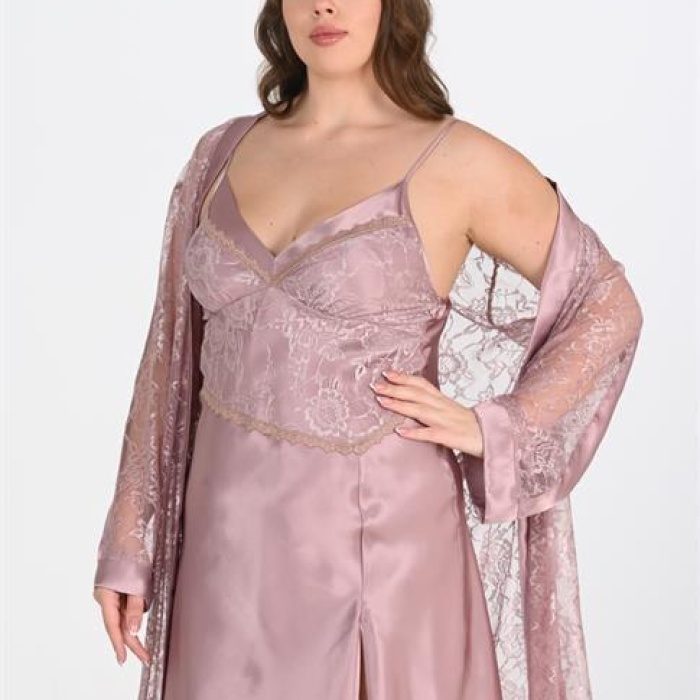  Büyük Beden 2li Vizon Sabahlık Takımı Bigsize 6205