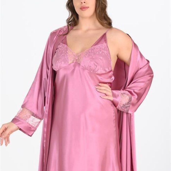  Büyük Beden 2li Gülkurusu Sabahlık Takımı Bigsize 6204