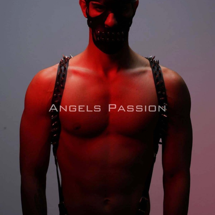Çivi Detaylı ve Maskeli Erkek  Harness Takım, Erkek  Clubwear, Erkek  Göğüs Harness - BRFM204